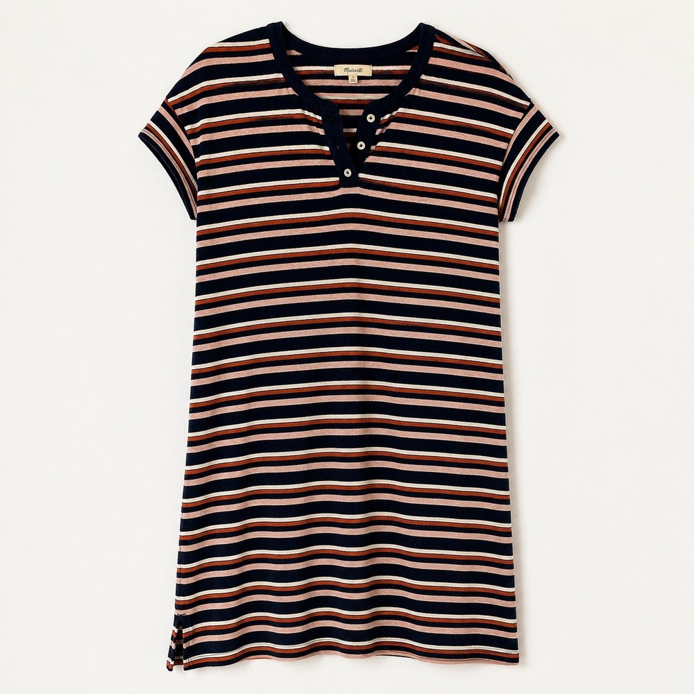 Madewell Henley Tee Dress Small Striped Hemp Cotton Knit‎ Mini Navy